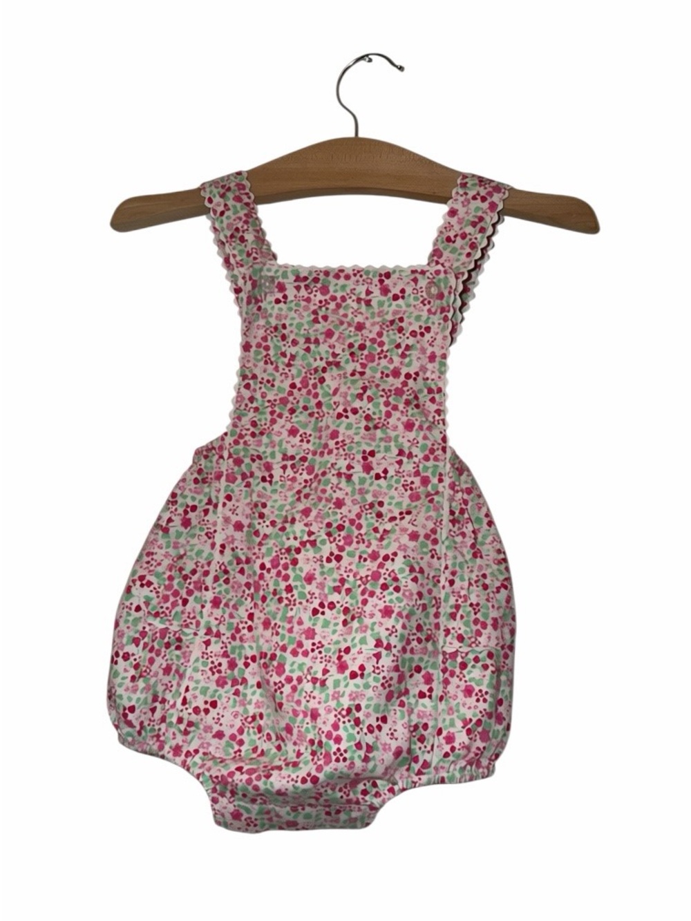 Little English Pink & Green Floral Bubble Romper ruffle strap bun 18m